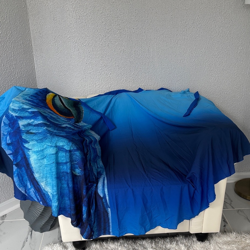 Blue Parrot Print Beach Tie Neck Cover Up Made in Brazil